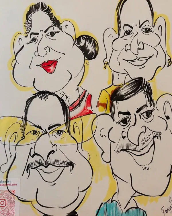 A fun group caricature capturing four different personalities in one frame. Perfect for families or teams.