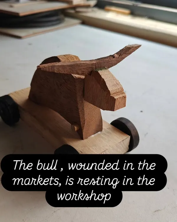 This is a prototype for a Jallikattu racing bull toy, carved from a block of scrap wood. It's a fun little project that combines carving with toy-making.