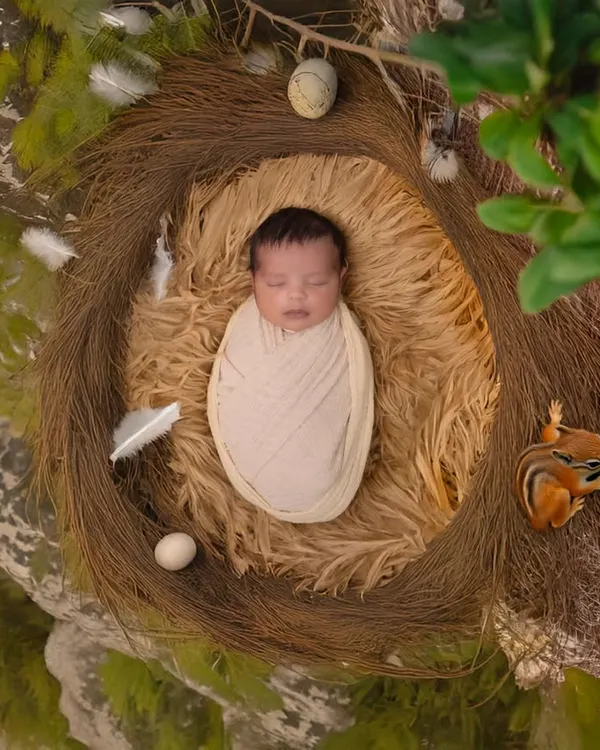 We create art with your little one as the masterpiece. This newborn is nestled safely in a rustic bird's nest prop, showcasing our nature-inspired theme that results in breathtaking, timeless portraits.