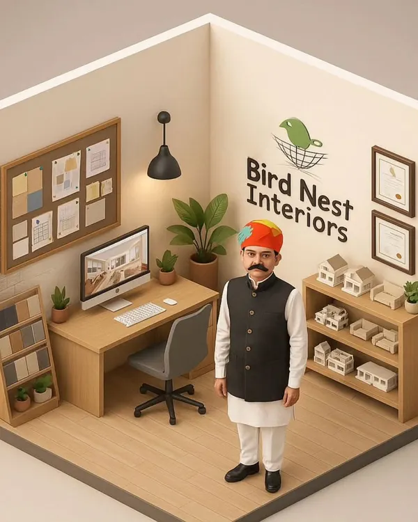 A creative illustration of our founder, Mr. Bajrang Singh, in our office. This represents our blend of traditional values and modern design expertise. We are leaders you can trust.
