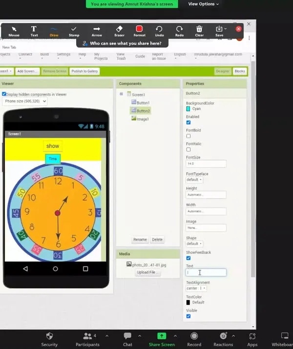 A glimpse from our app development winter camp. Here you can see students in a live online session, learning how to design and build their own mobile app that simulates a clock.