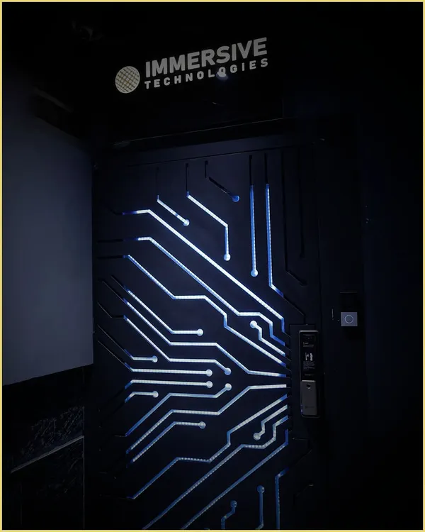 The entrance to our Immersive Technologies experience center, where innovation meets integration. Step inside to discover how we can transform your home into a smarter, more secure, and connected space.