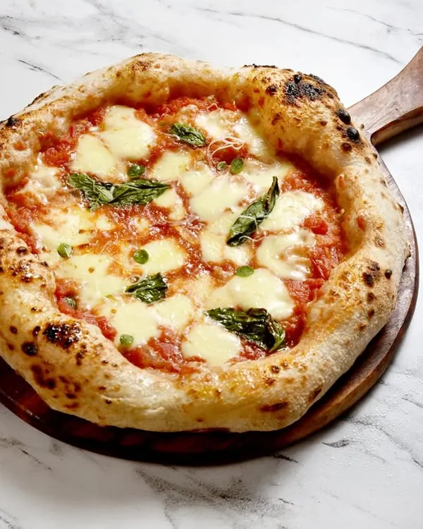 Meet the queen of pizzas, the Margherita. This is my contemporary Neapolitan take on the classic. Notice the beautiful leopard-spotting on the crust, a sign of perfect fermentation and high-heat baking. It's simple, elegant, and all about the quality of the dough and ingredients.