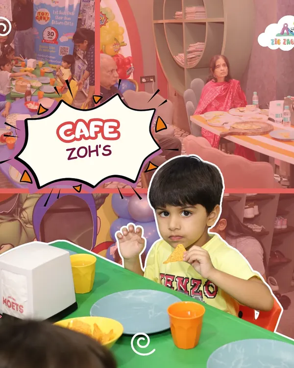 A young boy enjoys a snack at our colorful Zoh's Café. We provide a comfortable and fun dining space for kids and parents to refuel after playing.