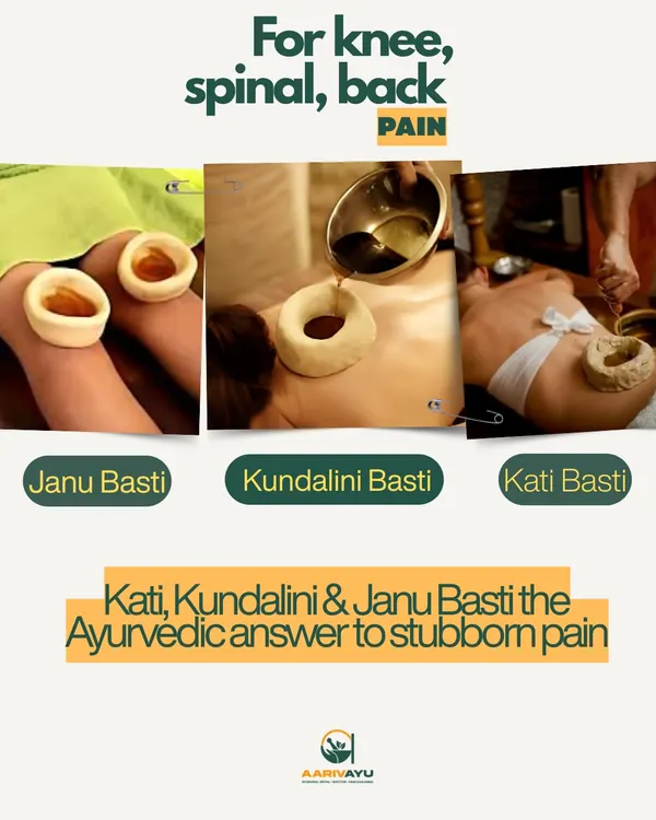 We offer specialized Basti therapies for different types of pain. Janu Basti targets knee issues, Kati Basti focuses on the lower back, and Kundalini Basti addresses spinal discomfort. Each therapy delivers warm, medicated oil directly to the source of pain for deep relief.