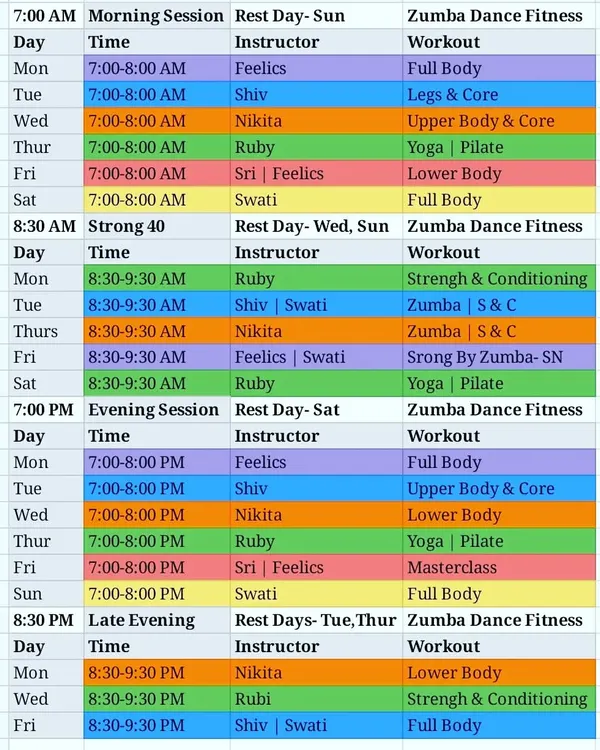 Here is our detailed weekly schedule. We offer a mix of Zumba, Strength & Conditioning, Yoga, and Pilates across morning, evening, and late-evening sessions to fit your lifestyle.