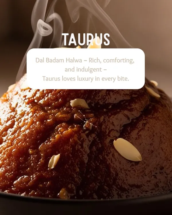 What our food says about your zodiac sign. For Taurus, we picked the rich, comforting, and indulgent Dal Badam Halwa, for those who love luxury in every bite.