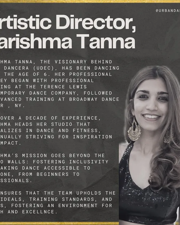 Meet the visionary behind Urban Dancera, our Artistic Director Karishma Tanna. This graphic shares my journey, from starting dance at age 6 to training at the Broadway Dance Center in NY, and my mission to make dance accessible to everyone.
