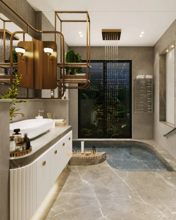 I designed this bathroom as a private spa-like sanctuary. It features a custom sunken tub with a cascading rain shower, warm ambient lighting, and a seamless connection to the outdoors to turn daily rituals into moments of indulgence.