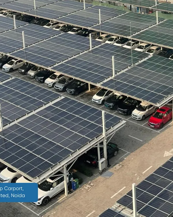 Our 1216 KWp solar carport installation for DLF Limited in Noida. This project demonstrates our ability to transform underutilized spaces like parking lots into valuable energy-generating assets, providing shade and clean power simultaneously.