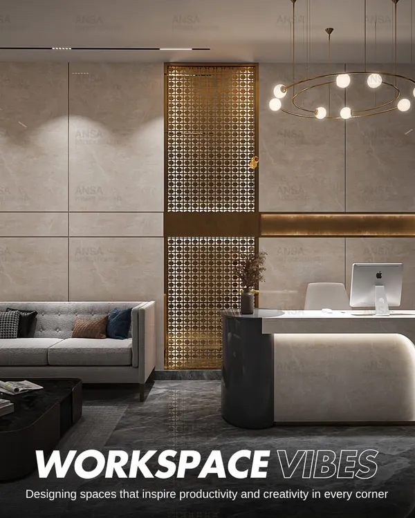 This office reception is designed to inspire productivity and creativity. The space features a custom jaali partition, a modern ring chandelier, and a comfortable waiting area, creating a workspace vibe that is both professional and welcoming.