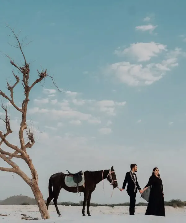 A cinematic shot of a couple walking hand-in-hand with a horse in a vast, minimalist landscape. The bare tree and wide blue sky create a dramatic and artistic pre-wedding portrait.