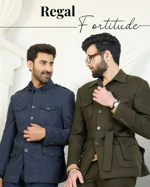 Regal Fortitude. This image showcases two of my co-ord sets, one in a deep navy and the other in a rich olive green. Both are designed for the modern gentleman who appreciates a blend of elegance and refinement.