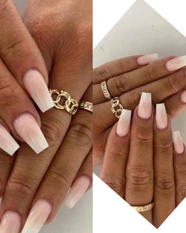 A perfect example of a baby boomer or ombre nail, blending a soft pink base into a milky white tip. This collage shows the flawless gradient on long, coffin-shaped extensions.