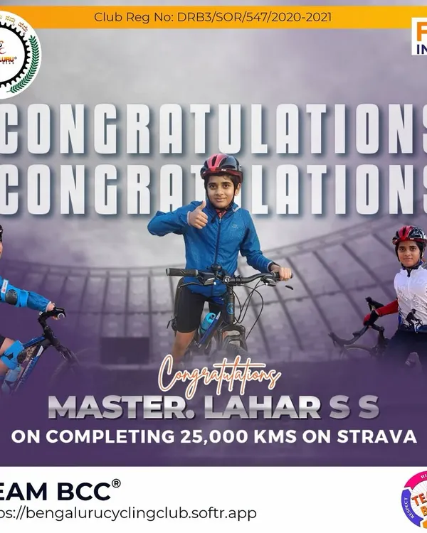 A huge congratulations to Master Lahar S S for completing an incredible 25,000 kms on Strava. Your dedication at such a young age is truly inspiring.