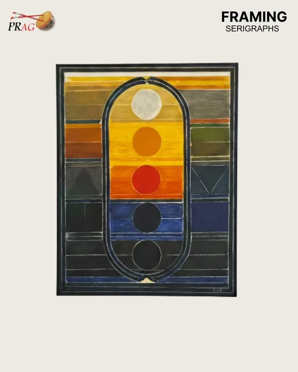 This S.H. Raza serigraph is a valuable print that requires the highest standard of care. We use museum-grade archival framing with UV-protective glass and acid-free materials to protect the delicate inks from fading, ensuring its artistic and financial value remains uncompromised.
