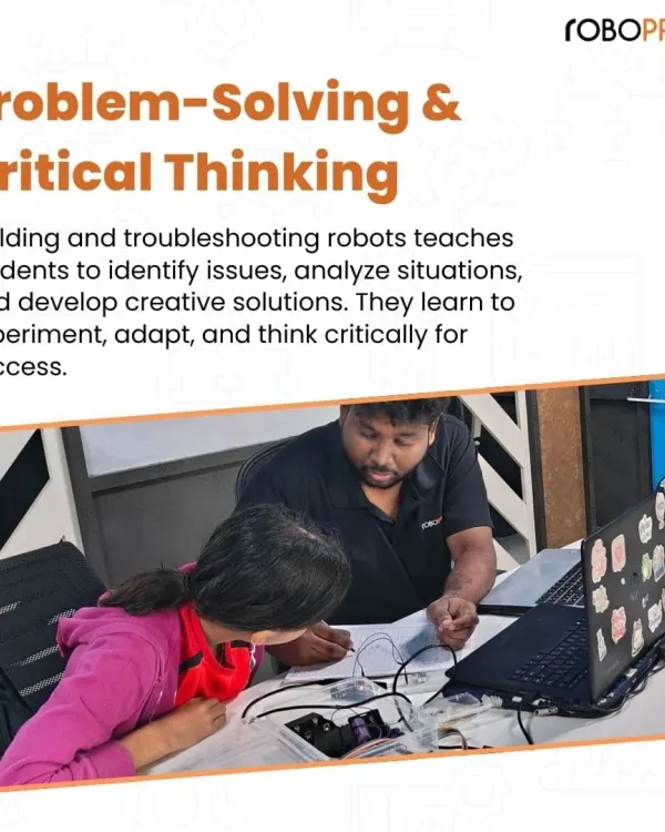 Problem-solving is a skill learned by doing. Here, a student works closely with an instructor to troubleshoot a robotics project. This process teaches them to identify issues, analyze situations, and develop creative solutions through experimentation.