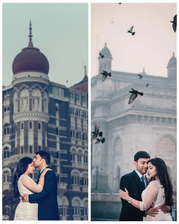 A diptych showcasing two classic Mumbai pre-wedding portraits: a tender moment before the Taj Mahal Palace Hotel and an embrace with the Gateway of India and its famous pigeons.
