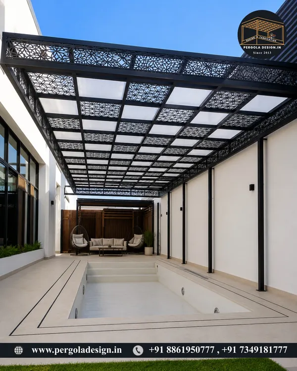 A stunning poolside pergola featuring a roof with custom laser-cut panels. This design provides filtered shade while casting beautiful, intricate patterns on the area below, adding a layer of artistic elegance to the space.