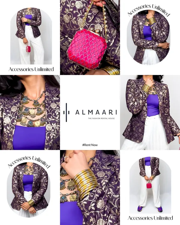 Accessories are unlimited at Almaari. This collage shows how a single brocade jacket can be transformed with different jewelry and bags, from a statement necklace to a bright pink clutch.
