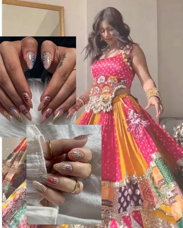 We love creating nail art that perfectly matches your festive wear. This Navratri look features intricate, multi-colored glitter and leaf patterns to complement a vibrant and colorful lehenga.