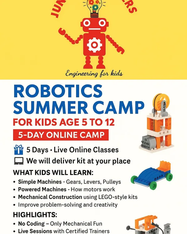 An overview of our 5-day online robotics summer camp. We deliver a free robotics kit to each child's home so they can learn about simple machines, motors, and mechanical construction through live online classes.