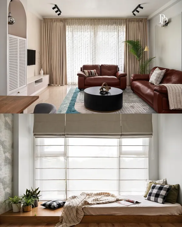 This collage shows two key areas of a family home: a cozy living room with a leather sofa and a comfortable window seat perfect for reading. The design focuses on creating multiple zones for relaxation and family time.