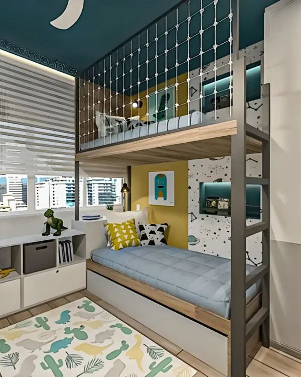This fun kids' room features a loft bed with a safety net, freeing up floor space for a study area and storage underneath.