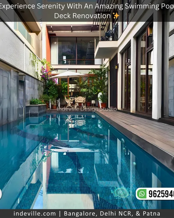 This is what a backyard escape looks like. I designed this space to seamlessly blend the cool serenity of a swimming pool with the warmth of a wooden deck and the life of a curated garden, creating a private, luxurious retreat.