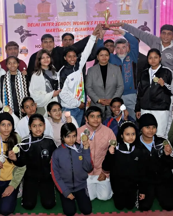 A proud moment for the academy. Our girls' team won the first-place team trophy at the Delhi Inter-School Women's Flying Kick Sports Martial Art Championship.