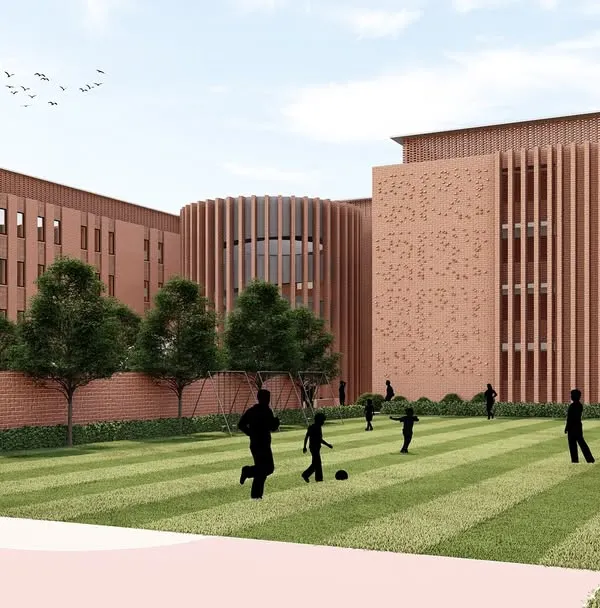 We envision educational institutions as holistic environments that blend learning with nature. This conceptual view of a school campus highlights our approach, integrating modern brick buildings with expansive green lawns and open spaces designed for student activity and well-being.