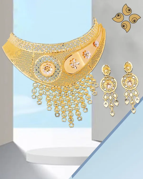 The exquisite craftsmanship of our Artistic Turkish Jewellery Collection. This gold choker set features intricate filigree and enamel work, offering a unique and modern aesthetic for your customers.
