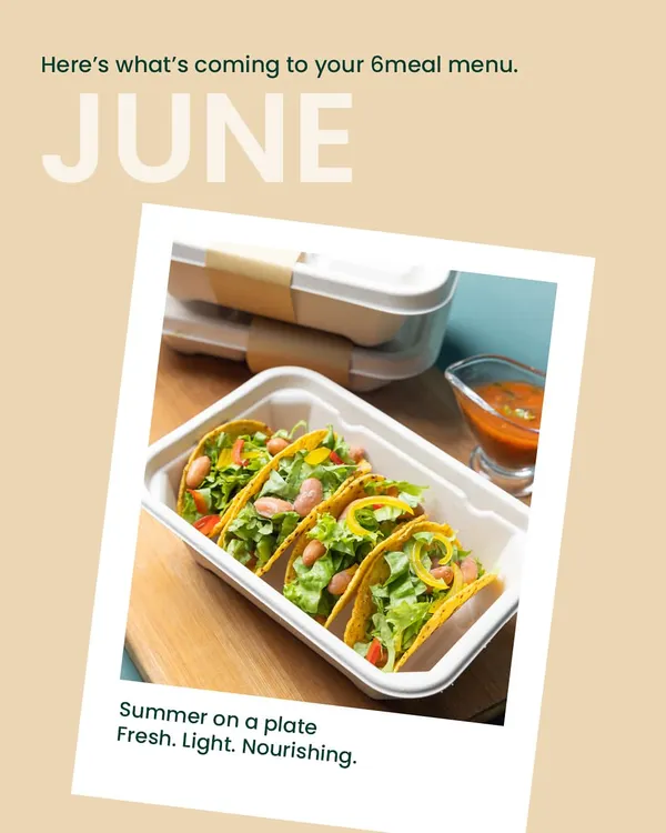 Our June menu is all about summer on a plate: fresh, light, and nourishing. This image showcases our delicious and healthy tacos, a perfect on-the-go snack for the season.