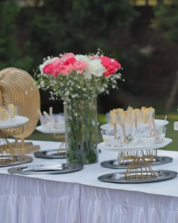 A beautiful outdoor setup for a baby shower. The table is adorned with fresh flowers and a variety of light and elegant canapés, creating a perfect atmosphere for the celebration.