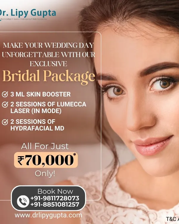 My exclusive bridal package is designed for the ultimate wedding glow. It combines Skin Boosters, Lumecca laser, and Hydrafacials to ensure your skin is flawless, radiant, and camera-ready for your big day.