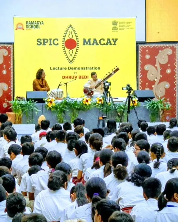Performing for a hall full of students at Ramagya School, Noida, as part of a SPIC MACAY 'Lecture Demonstration'. My aim is to make classical music engaging for the youth.