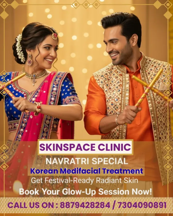 Get ready for the festive season with our Navratri special. This image highlights our Korean Medifacial treatment, designed to deeply cleanse, hydrate, and brighten your skin, ensuring you have a radiant glow for all nine nights of celebration.