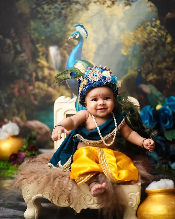A playful smile from our little Krishna, seated on his throne with a peacock by his side. This Janmashtami setup is full of vibrant detail.