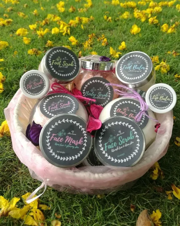 A beautiful basket filled with my entire skincare range. It includes products for your face, lips, body, and feet, all designed to help you heal from the roots.