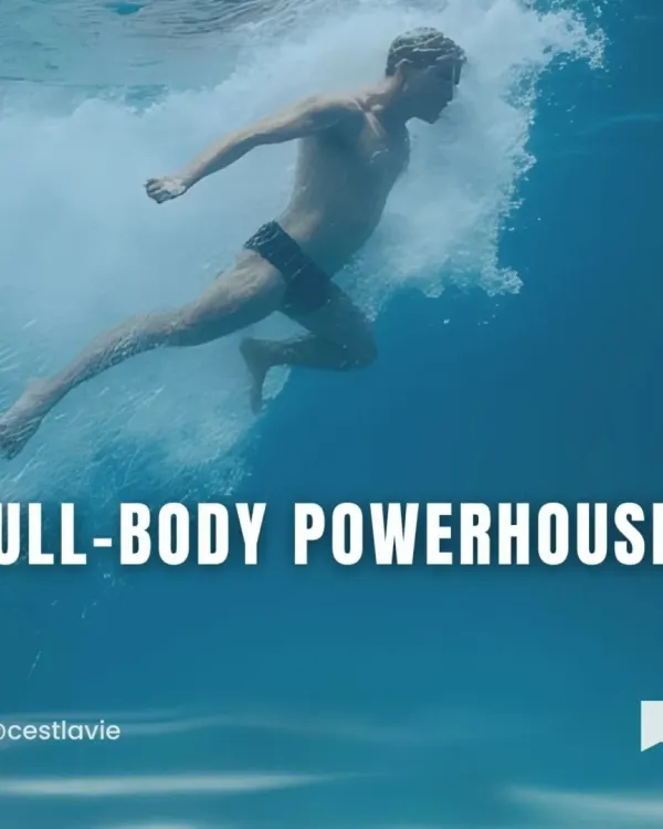 Every stroke engages muscles from head to toe, making swimming a true full-body powerhouse. This underwater view shows the dynamic movement that builds lean strength and endurance.
