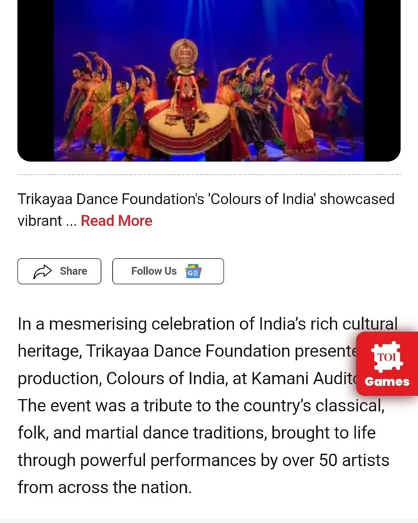 A feature in the Times of India on our production, 'Colours of India'. The article highlights how our foundation showcased a mesmerizing celebration of India's rich cultural heritage.