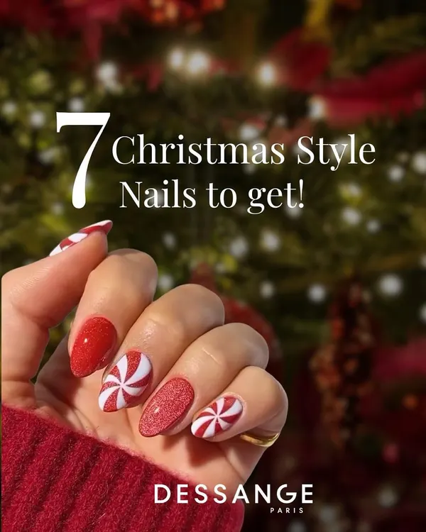 Get inspired for the holidays with this candy cane design, featuring sparkling red glitter and peppermint swirl accent nails.