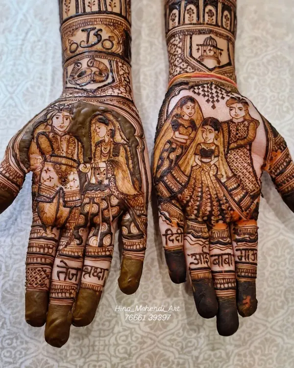 This full bridal mehendi tells a complete family story. On the palms, I’ve created detailed portraits of the bride and groom, and a special portrait of the bride with her family, including her 'aai-baba' and 'didi'.