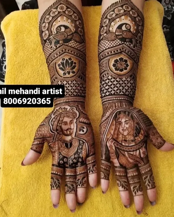 A perfect example of my custom portrait work. The faces of the bride and groom are drawn with great detail and likeness, set within a beautiful design of peacocks and lotus flowers. I use 100% organic henna to get that sharp contrast and dark stain.