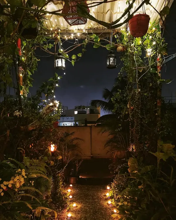 This is the view that welcomes you to my little world. I believe every garden should have an entrance that feels like stepping into a sanctuary, especially at night when the fairy lights and lanterns create a magical glow.