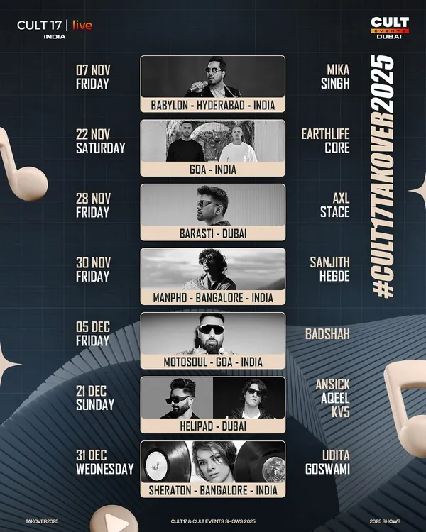 This is what a CULT 17 takeover looks like. We plan and execute multi-city, multi-artist tours across India and Dubai, managing complex schedules, venues, and logistics to create a cohesive and powerful tour experience.