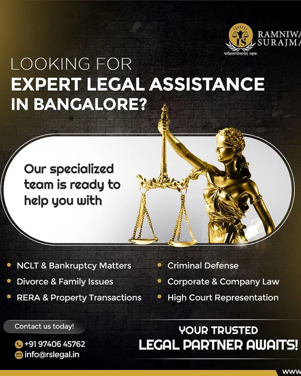 We offer expert legal assistance across a range of practice areas in Bangalore. This graphic lists our specializations, including NCLT, criminal defense, and High Court representation, positioning us as a trusted legal partner.
