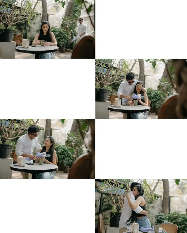 The story of how their love began in a quiet café. This collage captures the narrative, from the first glance to a surprise gift and a warm embrace.