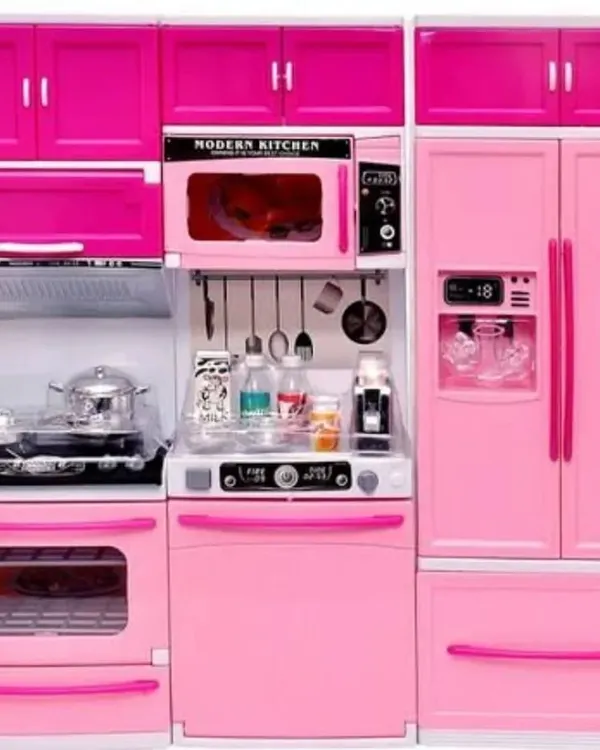 This modern kitchen playset is perfect for pretend play. It's a detailed miniature set with a pink refrigerator, oven, microwave, and stove for hours of imaginative fun.