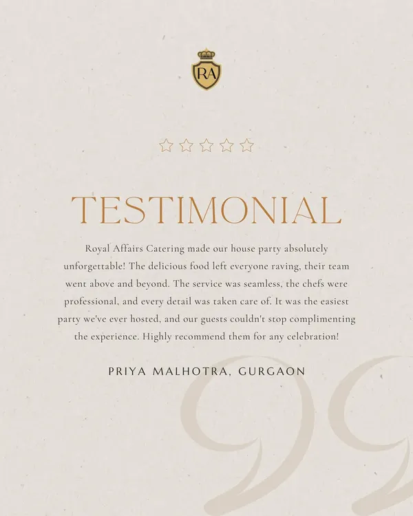 We were thrilled to receive this testimonial from Priya Malhotra in Gurgaon, who called her house party "the easiest party we've ever hosted." We love hearing that our seamless service and delicious food made her event unforgettable.
